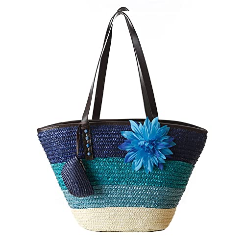 Hixingo Strohtaschen Damen Groß Kapazität Strandtasche Stroh Totes Taschen, Mode Sommer Boho Strand Gewebte Tasche Frauen Schultertaschen, Strohsack für Reisen und Urlaub (45x30x27cm,blau) von Hixingo