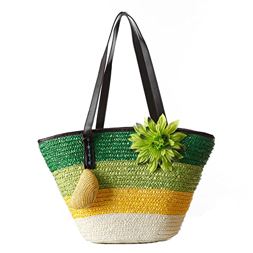 Hixingo Strohtaschen Damen Groß Kapazität Strandtasche Stroh Totes Taschen, Mode Sommer Boho Strand Gewebte Tasche Frauen Schultertaschen, Strohsack für Reisen und Urlaub (45x30x27cm,grün) von Hixingo