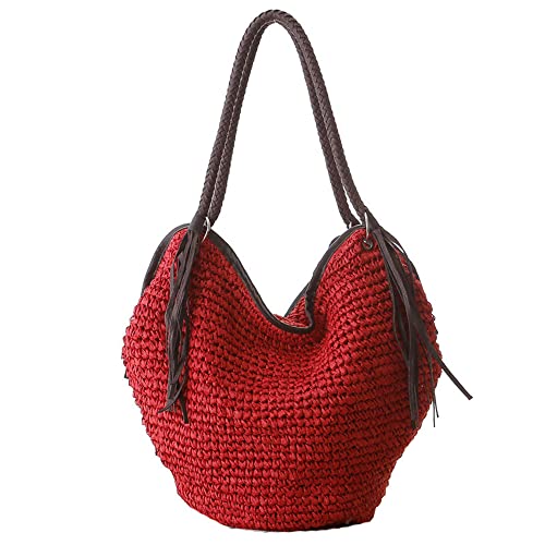 Hixingo Strohtaschen Damen Groß Kapazität Strandtasche Stroh Totes Taschen, Mode Sommer Boho Strand Gewebte Tasche Frauen Schultertaschen, Strohsack für Reisen und Urlaub (one size,rot) von Hixingo