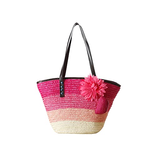 Hixingo Strohtaschen Damen Groß Kapazität Strandtasche Stroh Totes Taschen, Sommer Boho Strand Gewebte Tasche Frauen Schultertaschen, Strohsack für Reisen Urlaub (Rosa,45X30X23cm) von Hixingo