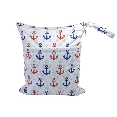 Hixingo wasserdichte Nasstasche, Nasstaschen Nass Trocken Beutel Kinder Wiederverwendbar Wetbag mit Reißverschluss 30x36cm Einfach Stil Nassbeutel Kindergarten Wäschesack (Anker Muster,1 Stück) von Hixingo