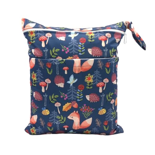 Hixingo wasserdichte Nasstasche, Nasstaschen Nass Trocken Beutel Kinder Wiederverwendbar Wetbag mit Reißverschluss 30x36cm Karikatur Stil Nassbeutel Kindergarten (Fuchs + Igel,4 Stück) von Hixingo