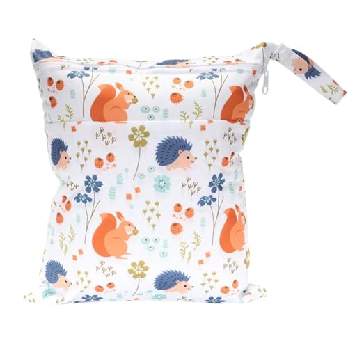 Hixingo wasserdichte Nasstasche, Nasstaschen Nass Trocken Beutel Kinder Wiederverwendbar Wetbag mit Reißverschluss 30x36cm Nassbeutel Kindergarten Wäschesack (Eichhörnchen + Igel B,1 Stück) von Hixingo