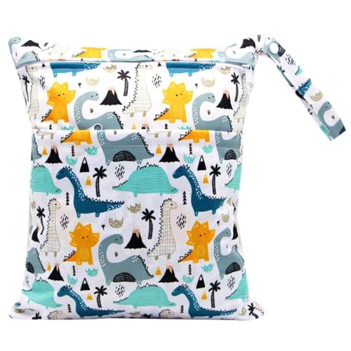 Hixingo wasserdichte Nasstasche, Nasstaschen Nass Trocken Beutel Kinder Wiederverwendbar Wetbag mit Reißverschluss 30x36cm Nassbeutel Kindergarten Wäschesack (Karikatur Dinosaurier,1 Stück) von Hixingo