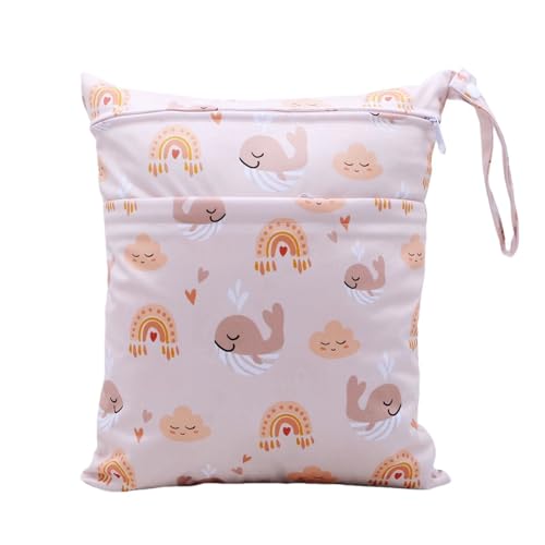 Hixingo wasserdichte Nasstasche, Nasstaschen Nass Trocken Beutel Kinder Wiederverwendbar Wetbag mit Reißverschluss 30x36cm Nassbeutel Kindergarten Wäschesack (Karikatur Wal C,1 Stück) von Hixingo