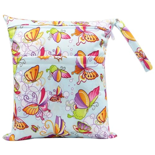 Hixingo wasserdichte Nasstasche, Nasstaschen Nass Trocken Beutel Kinder Wiederverwendbar Wetbag mit Reißverschluss 30x36cm Nassbeutel Kindergarten Wäschesack (Schmetterling B,1 Stück) von Hixingo