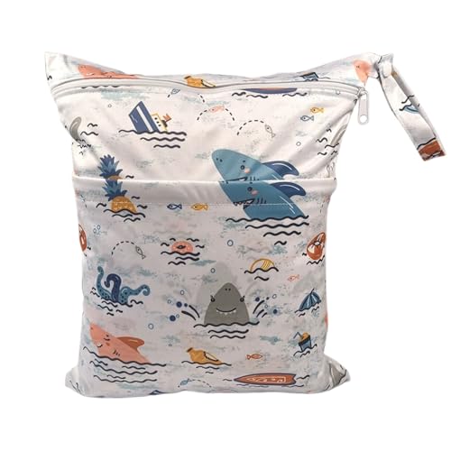 Hixingo wasserdichte Nasstasche, Nasstaschen Nass Trocken Beutel Kinder Wiederverwendbar Wetbag mit Reißverschluss 30x36cm Nassbeutel Kindergarten Wäschesack für Reise (Hai,4 Stück) von Hixingo