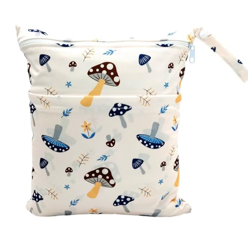 Hixingo wasserdichte Nasstasche,Nasstaschen Nass Trocken Beutel Kinder Wiederverwendbar Wetbag mit Reißverschluss 30x36cm Nassbeutel Kindergarten Wäschesack für Reise (Pilz C,1 Stück) von Hixingo