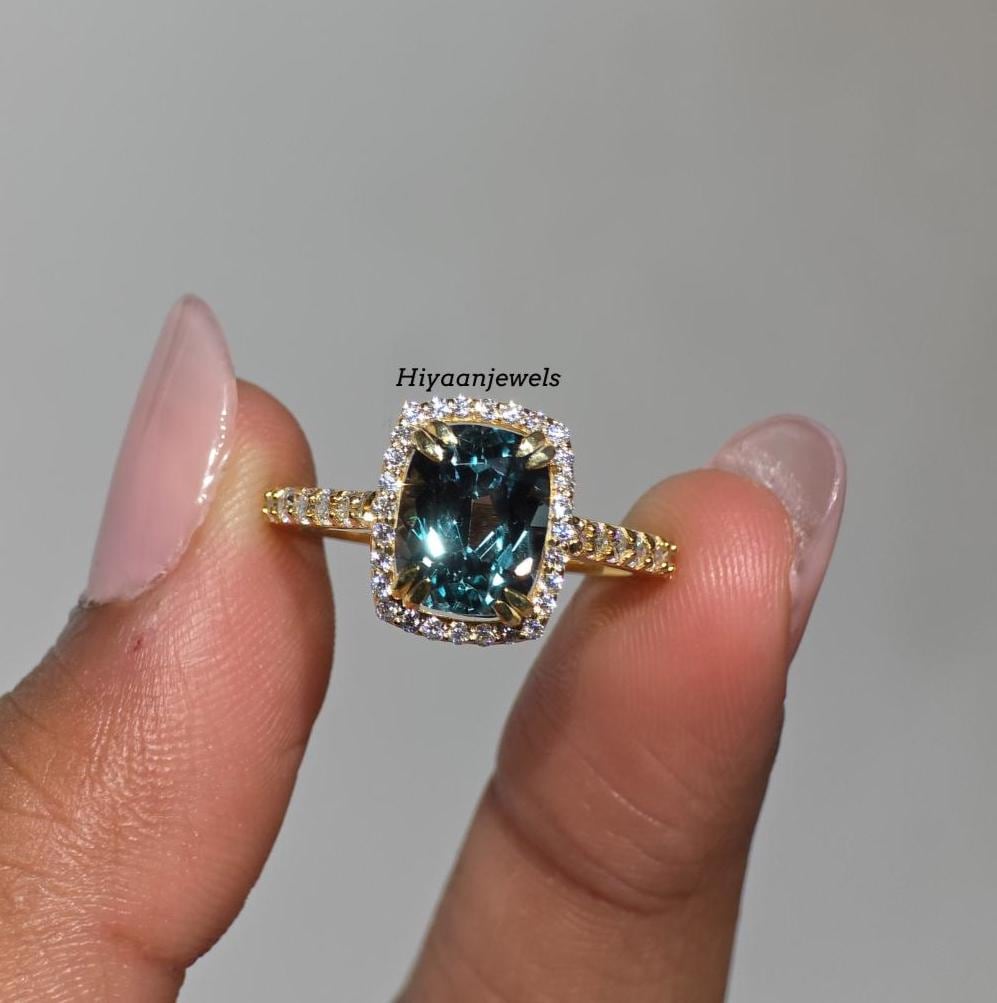 Indicolite Tourmaline Gemstone Engagement Ring, Double Claw Prongs, Halo Setting Gold Thin Pave Band, 2.50Ct Cushion Cut Bridesmaid Gift Ring Indicolite Tourmaline Gemstone Engagement Ring, Double Claw Prongs, Halo Setting Gold Thin Pave Band, 2.50Ct Cushion Cut Bridesmaid Gift Ring von Hiyaanjewels