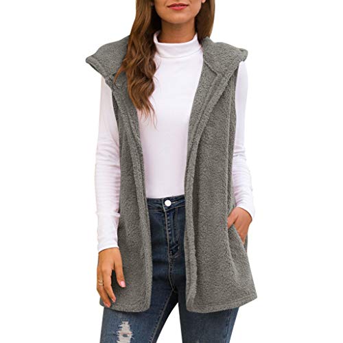 Damen Weste Teddy-Fleece äRmellos Jacke mit Kaputze,Kanpola Herbst Winter Lose Longweste Casual Lang Cardigan von HizoeChu
