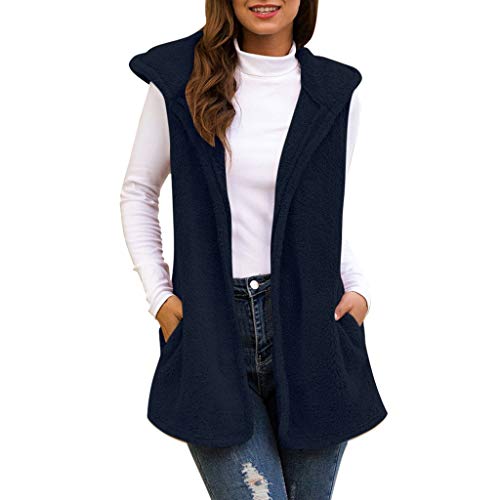 Damen Weste Teddy-Fleece äRmellos Jacke mit Kaputze,Kanpola Herbst Winter Lose Longweste Casual Lang Cardigan von HizoeChu