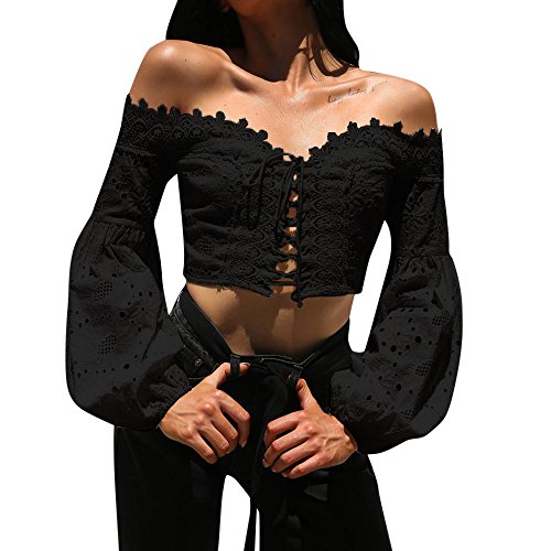 Kanpola Crop Top Spitze Langarm Bluse Damen Eng Schulterfrei Oberteile mit BallonäRmeln SchnüRung Party Hohl Bandage Einfarbig T-Shirt von HizoeChu