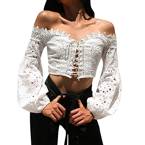 Kanpola Crop Top Spitze Langarm Bluse Damen Eng Schulterfrei Oberteile mit BallonäRmeln SchnüRung Party Hohl Bandage Einfarbig T-Shirt von HizoeChu