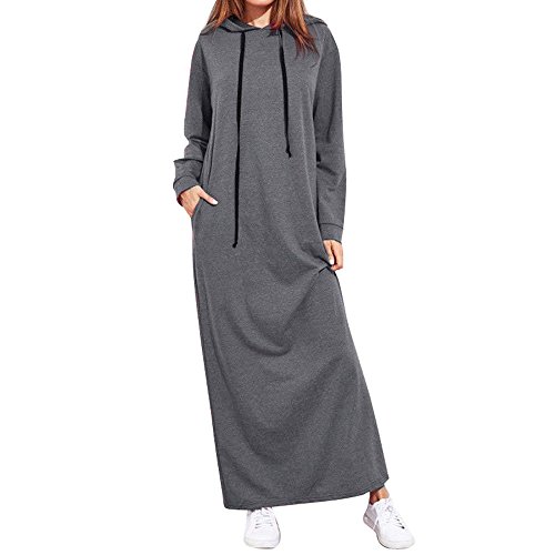 Maxikleid Langarm Damen Long Hoodie Lose Freizeitkleider Herbst Winter,Kanpola Lang T-Shirt-Kleid Einfarbig Sweatkleid mit Tunnelzug Longshirt V-Ausschnitt Kapuzenpullover von HizoeChu