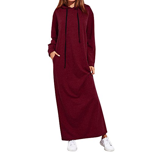 Maxikleid Langarm Damen Long Hoodie Lose Freizeitkleider Herbst Winter,Kanpola Lang T-Shirt-Kleid Einfarbig Sweatkleid mit Tunnelzug Longshirt V-Ausschnitt Kapuzenpullover von HizoeChu