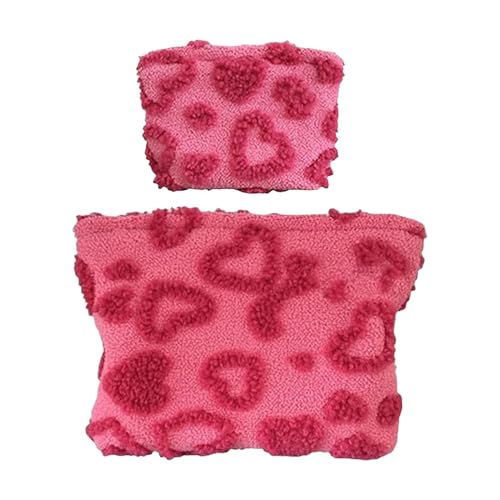 Hjatirace Reise Makeup Tasche | 2-teiliges süßes Plüschherz-Design ästhetische tragbare Beutel Geldbörse Kulturbeutel,Wasserdicht Reißverschluss Aufbewahrung Für Frauen Mädchen Hochschule Arbeit von Hjatirace