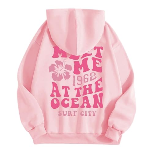 Hkdjaess Kapuzenpullover Damen Oversize Backprint Hoodie Pullover mit Kapuze Pink Palm Puff Casual Sweatshirt mit Taschen Kapuzenpulli Übergangs Hoody Oberteile Langarmshirt Outdoor Top Langarm Pulli von Hkdjaess