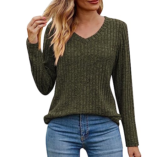 Hkdjaess V Ausschnitt Pullover Damen Gerippt Warmes Elegant Sweatshirt Damenpullover Moderne Rippstrick Gestrickte Pullunder Strickpullover Leichte Stretch Vintage Feinstrickpullover Stricktunika von Hkdjaess