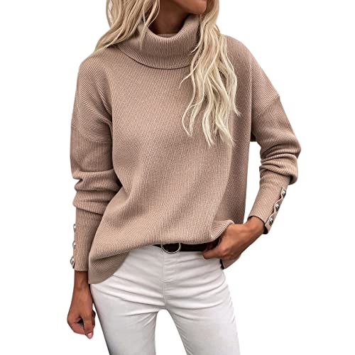 Hkdjaess Warmer Rollkragenpullover Damen Lässig Mit Knöpfe Side Slit Sweatshirt Winterpullover Feinstrick Jumper Tunika Pullover Langarmshirt Soft für Frauen Plus Size Winterpullis Stillpullover von Hkdjaess