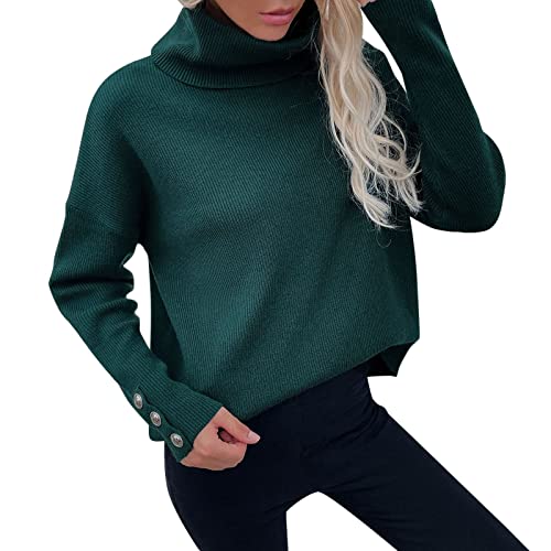 Hkdjaess Warmer Rollkragenpullover Damen Lässig Mit Knöpfe Side Slit Sweatshirt Winterpullover Feinstrick Jumper Tunika Pullover Langarmshirt Soft für Frauen Plus Size Winterpullis Stillpullover von Hkdjaess