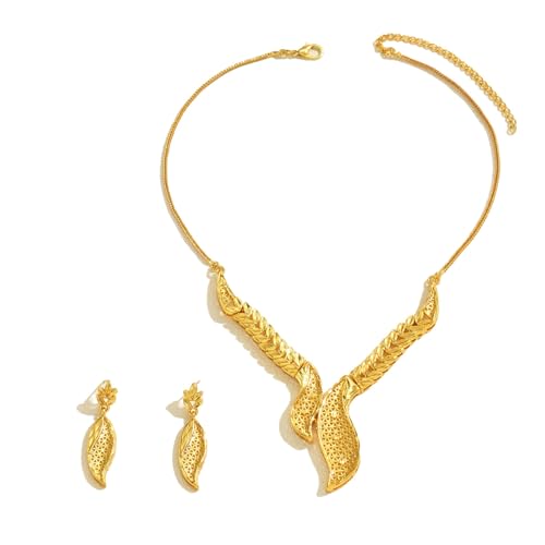 Hkfgdjdl Elegante Halskette und Ohrringe aus Legierung mit ausgehöhltem Blatt-Design, hohles Metallblatt für formelle Veranstaltungen, den täglichen Gebrauch von Hkfgdjdl