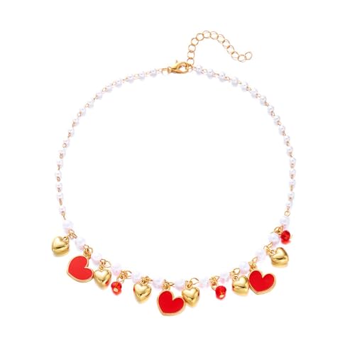 Hkfgdjdl Entzückende Kirschen Erdbeer-Herz-Halskette mit natürlichen Margarit-Akzenten, verstellbare Kette für Freizeit- oder Date-Outfits, Größe L von Hkfgdjdl