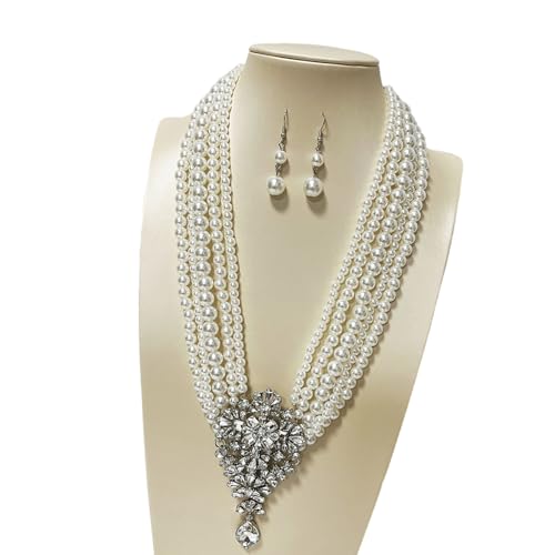 Hkfgdjdl Funkelndes Set aus mehrschichtiger Halskette und Ohrringen aus Kunstperlen mit Kristallakzent für Abendparty, eleganter Schmuck von Hkfgdjdl