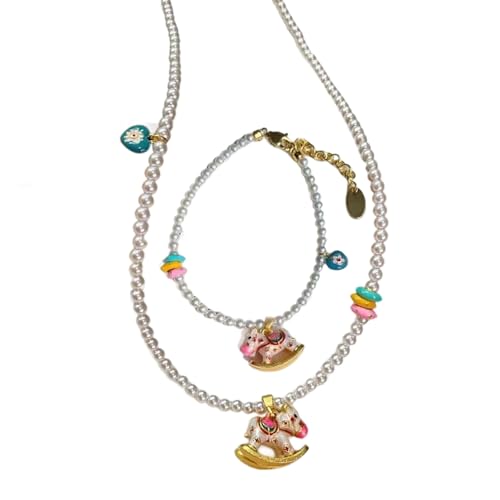Hkfgdjdl Pferdeschmuck, elegantes Süßwasserperlen-Halsketten-Armband-Set mit Schaukelpferd-Designs für Damen und Mädchen von Hkfgdjdl