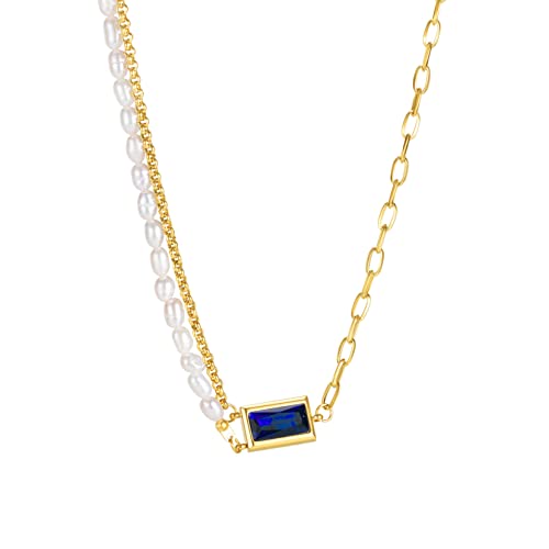 Hmooy Büroklammer Perlenkette, Büroklammer Gliederkette Geschichtete Halskette mit Farbe Stein Vintage Halber Perle Halber Kette Halskette Edelstahl Klobige Perlenschmuck für Damen (Gold-Blau) von Hmooy