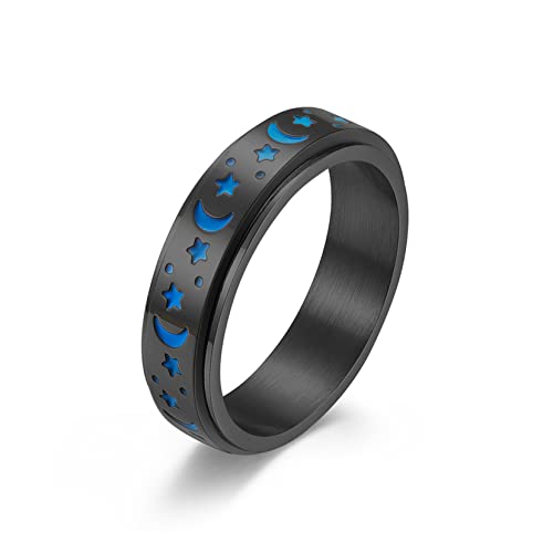 Hmooy Edelstahl Spinner Ringe für Damen Herren, Mondstern Drehbar Leuchtring Fidget Ring für Angst Stressabbauende Hochzeit Verlobung Versprechen Band Ringe Größe 7-11 (Schwarz, 10) von Hmooy