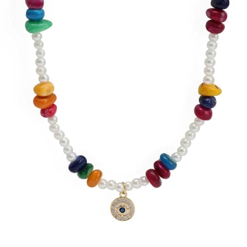 Halskette Ketten Schmuck Herren Frauen Anhänger Necklace Imitationsperle, Bunte Steinperlen-Halskette, Böser Blick-Anhänger, Halskette Für Damen, Mädchen, Herren, 5 von Hmsanase