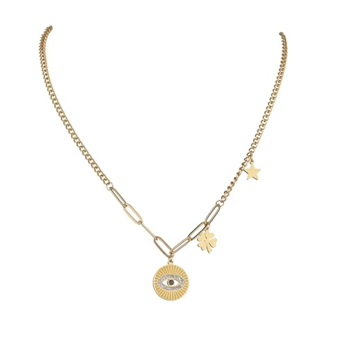 Halskette Ketten Schmuck Herren Frauen Anhänger Necklace Runde Evil Eye Anhänger Halsketten Glücksklee/Stern Mit Damen Geschenk Gold von Hmsanase