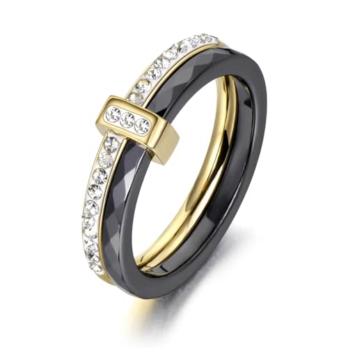 Hmsanase Ring Ringe Damen Bijouterie Herren 2 Schichten Schwarz/Weiß Kristall Eheringe Verlobungsring Für Frauen 9 Goldschwarz von Hmsanase