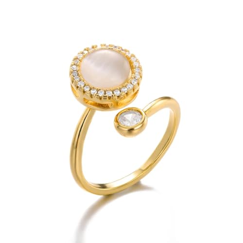 Hmsanase Ring Ringe Damen Bijouterie Herren Drehbarer, Frei Drehender Anti-Stress-Angst-Ring Für Frauen, Runder Opal-Ring, Kristall-Sonnenblumen-Ring, Größenverstellbar, Weiss von Hmsanase