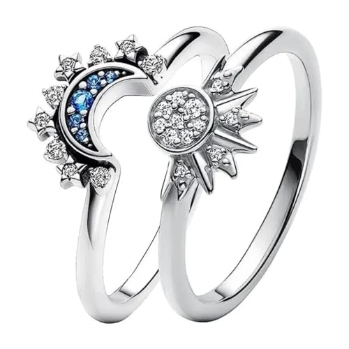 Hmsanase Ring Ringe Damen Bijouterie Herren Himmlischer Blauer Funkelnder Mond, Sonne, Stern, Kristallring Für Damen, Stapelbares Fingerband, Partygeschenke, 7 B von Hmsanase