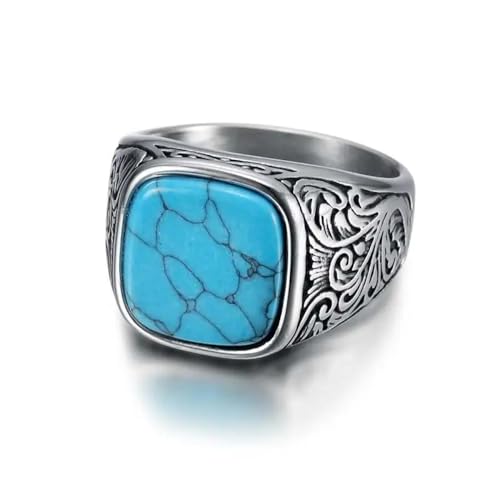 Hmsanase Ring Ringe Damen Bijouterie Herren Quadratischer Türkisfarbener Stein-Männerring, Vintage-Siegelringe, Punk, Hiphop, Männlicher Finger, Geschenk, 10 Blau von Hmsanase