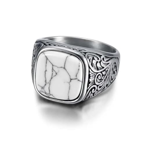 Hmsanase Ring Ringe Damen Bijouterie Herren Quadratischer Türkisfarbener Stein-Männerring, Vintage-Siegelringe, Punk, Hiphop, Männlicher Finger, Geschenk, 10 Weiß von Hmsanase