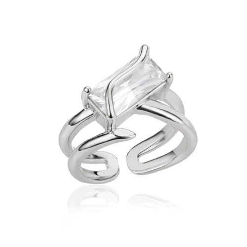 Hmsanase Ring Ringe Damen Bijouterie Herren Weiße Kristall-Rechteckringe Für Frauen, Doppelte Geometrische Offene Ringe, Weibliche Hochzeit, Größenverstellbar, Silber von Hmsanase