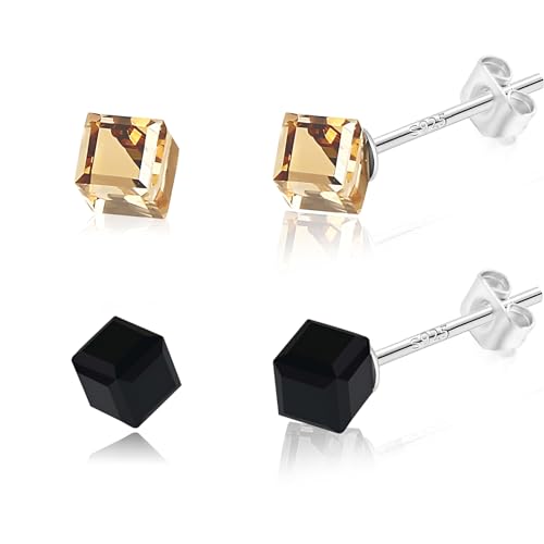 Hmzidz 2 Paare Cube Kristall Ohrstecker,Kristall Würfel Ohrringe Schwarz,925 Sterling Silber Kleine Ohrringe Set,Modeschmuck Ohrringe für Mädchen Damen(6MM) von Hmzidz