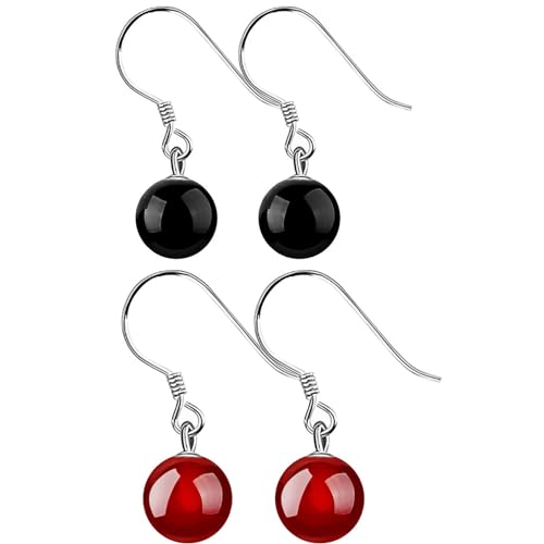 Hmzidz Damen Onyx Kugel Ohrringe Hängend - Modeschmuck 925 Silber mit Rote/Schwarz Onyx - Schönes Set für Frauen und Mädchen von Hmzidz
