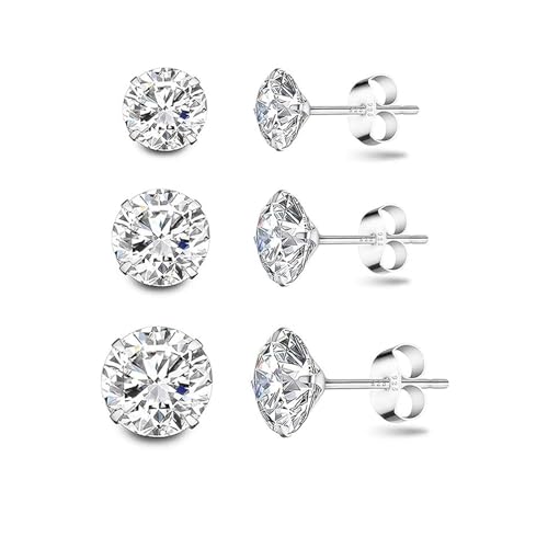 Hmzidz 3 Paare Ohrstecker Silber 925 Damen mit Diamant,Zirkonia Ohrringe Herren,Piercing Ohrringe Set,Ohrringe mit Stein,Unisex Klein Schmuck Ohrringe,Ohrstecker Glitzer für Frauen Mädchen Herren von Hmzidz