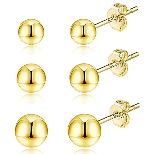 Hmzidz 3 Paare Sterling Silber 925 Ohrstecker Set für Damen Herren,Piercing Ohrringe mit Silber/Gold/Schwarz Kugel,Kleine Kugeln Ohrschmuck für Mädchen (Gold) von Hmzidz