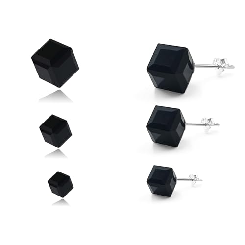 Hmzidz 3 Paare Sterling Silber 925 Ohrstecker für Damen Herren,Piercing Ohrringe mit Schwarz Stein,Würfel Kristall Ohrringe für Mädchen,Schöne Schwarze Kristall Jewellery,Ohrstecker Set von Hmzidz