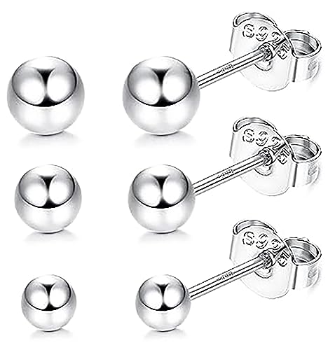 Hmzidz 3 Paare Sterling Silber 925 Ohrstecker Set für Damen Herren,Piercing Ohrringe mit Silber/Gold/Schwarz Kugel,Kleine Kugeln Ohrschmuck für Mädchen (Silber) von Hmzidz