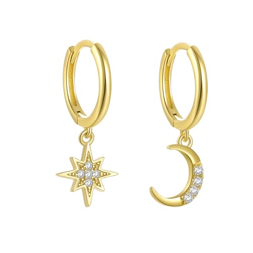 Hmzidz Damen Ohrringe Mond und Sterne,Creolen Gold Klein,Ohrhänger 925 Sterling Silber,Tropfen Hängend Ohrringe mit Steinen,Statement Ohrringe mit Zirkonia,Schöne Modeschmuck Ohrringe für Mädchen von Hmzidz