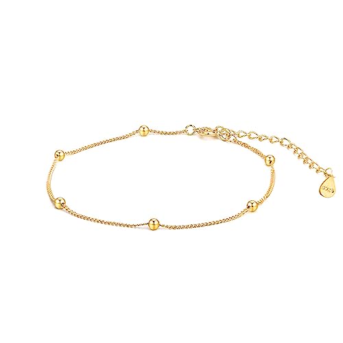 Hmzidz Fußkette Damen Silber 925 Vergoldet Fussketten Gold für Frauen Fußkettchen für Damen Sterling Silber Fußkette mit Kleinen Perlen Sommerschmuck Fußkette Chain Flexibel Verstellbar 21cm+6cm von Hmzidz