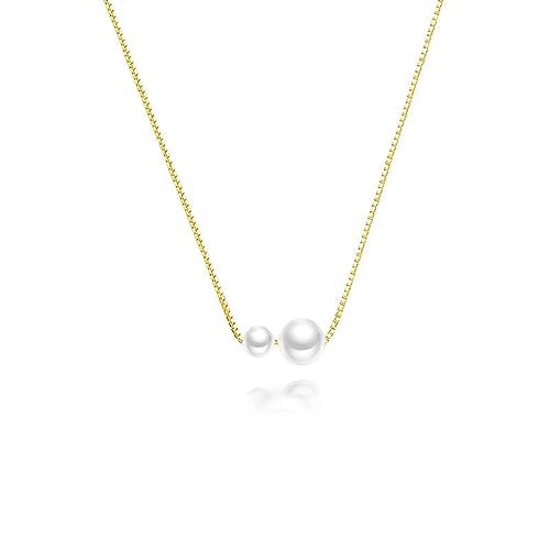 Hmzidz Perlenkette Damen Modeschmuck Kette mit Perlenanhänger Kette Damen Silber 925 mit Anhänger Perle Halskette mit Paar Perle Schwebende Perlenkette Schmuck für Frauen und Mädchen(Gold) von Hmzidz