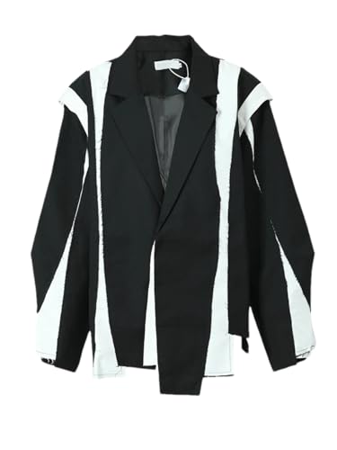 Hndudnff Frauen Casual Unregelmäßige Color-Block Blazer Solide Revers Langarm Einreiher Jacke, Schwarz , 48 von Hndudnff