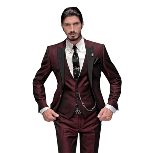 Herrenanzug für Hochzeit, Revers, Trauzeugen, Bräutigam, Smoking, Anzüge (Blazer + Hose + Weste), burgunderfarben, XX-Large von Hndudnff