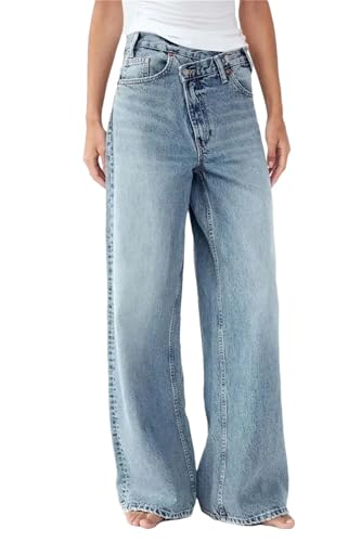 Hndudnff Asymmetrische Damenjeans mit Knöpfen und weitem Bein, hohe Taille, lockere Passform, lässige Denim-Hose, Reißverschluss mit Taschen, Lit Bn, M von Hndudnff